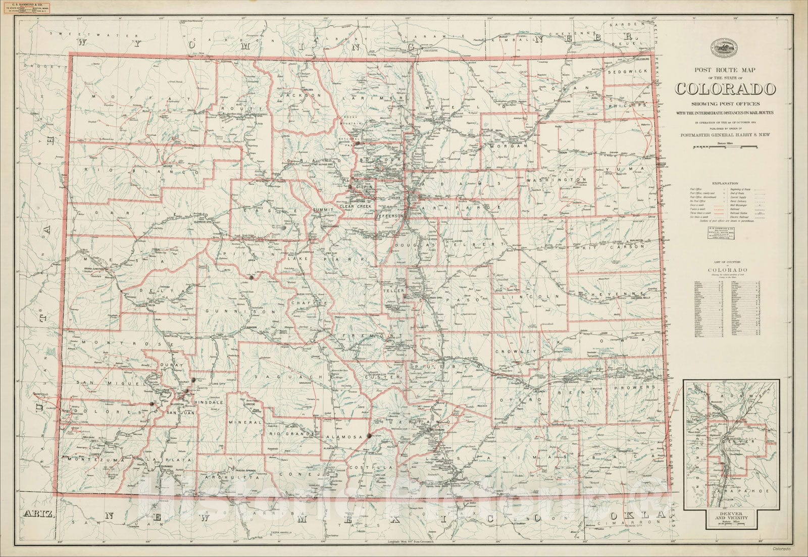 Historic Map : Post Route Map of the State of Colorado Showing Post Of ...