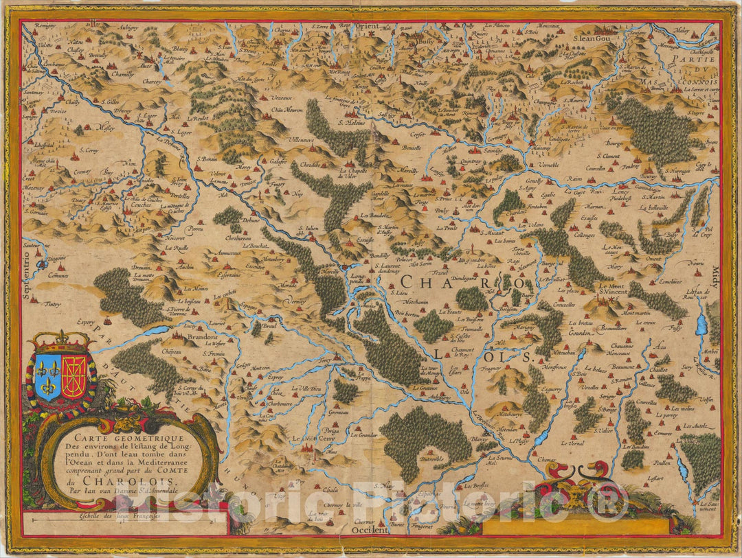 Historic Map : Carte Geometrique des Environs de l'Estang de Longpendu, d'ont leau Tombe dans l'Ocean et dans la Mediterranee, 1620, Gerard Mercator, v2, Vintage Wall Art