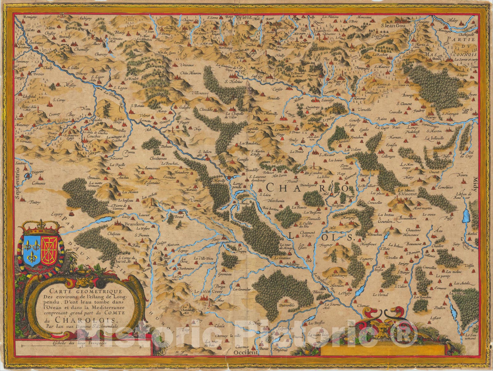 Historic Map : Carte Geometrique des Environs de l'Estang de Longpendu, d'ont leau Tombe dans l'Ocean et dans la Mediterranee, 1620, Gerard Mercator, v2, Vintage Wall Art