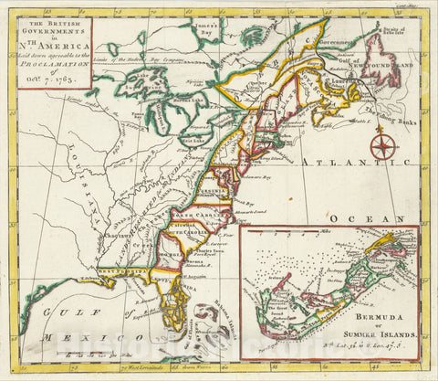 Historic Map : The British Governments in Nth America Laid down agreeable to the Proclamation of Octr. 7, 1763 [Large Bermuda Inset], 1763, Vintage Wall Art