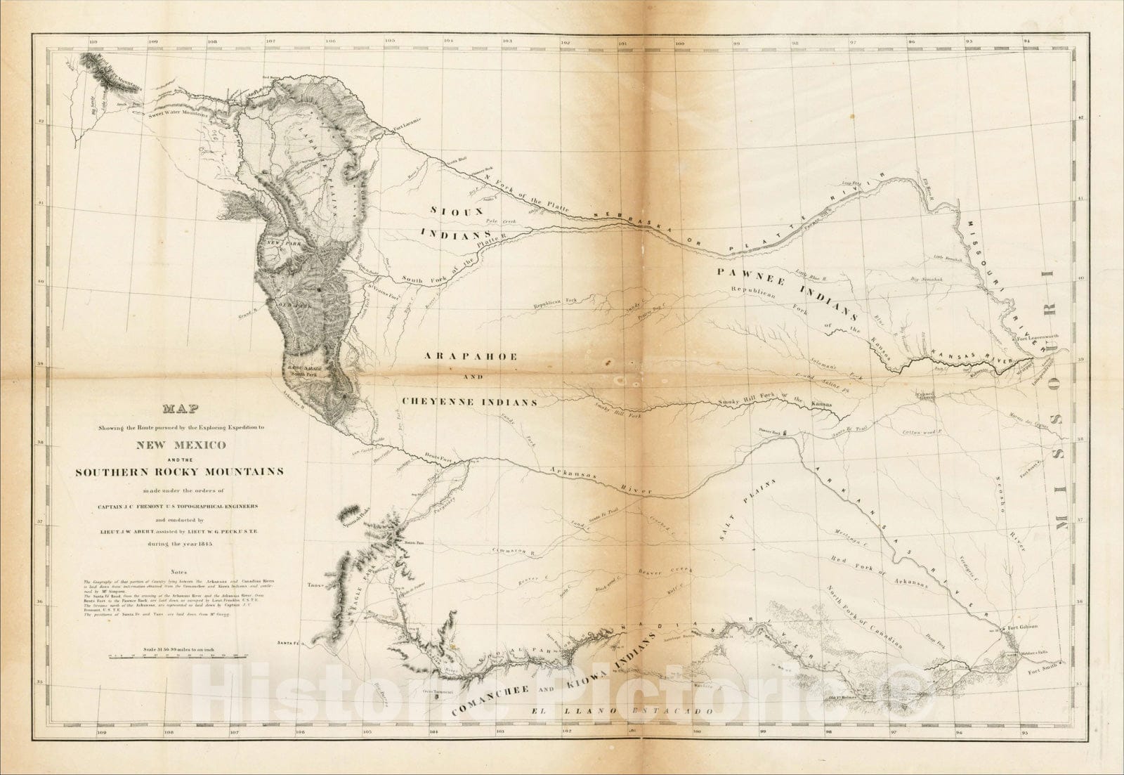 Historic Map : Exploring Expedition to New Mexico and the Southern Rocky Mountains, 1845, United States Bureau of Topographical Engineers, Vintage Wall Art