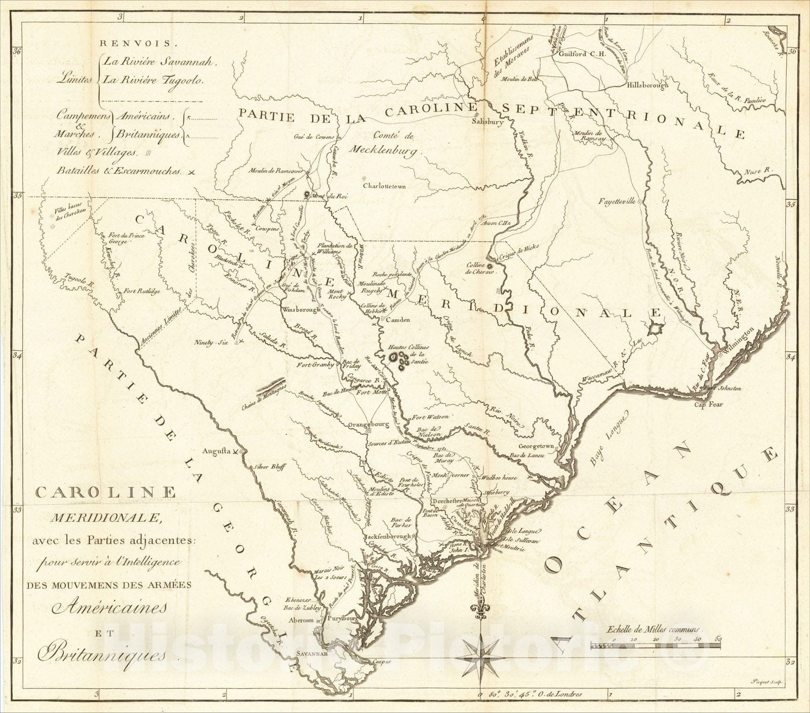 Historic Map : Caroline Meridionale avec les Parties adjacentes: pour servir a l'Intelligence Des Mouvemens Des Armees Americains et Britanniques, 1787, Vintage Wall Art