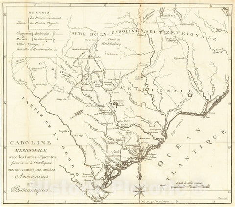 Historic Map : Caroline Meridionale avec les Parties adjacentes: pour servir a l'Intelligence Des Mouvemens Des Armees Americains et Britanniques, 1787, Vintage Wall Art