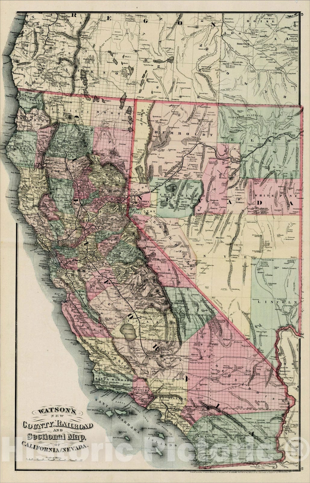 Historic Map : Watson's New County, Railroad and Distance Map of Calif ...