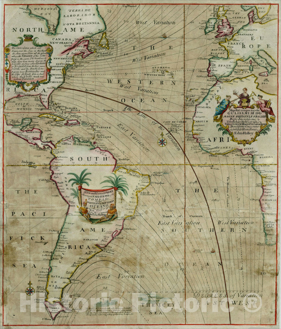 Historic Map : A New and Correct Chart Shewing the Variations of the Compass in the Western & Southern Oceans, 1702, , Vintage Wall Art