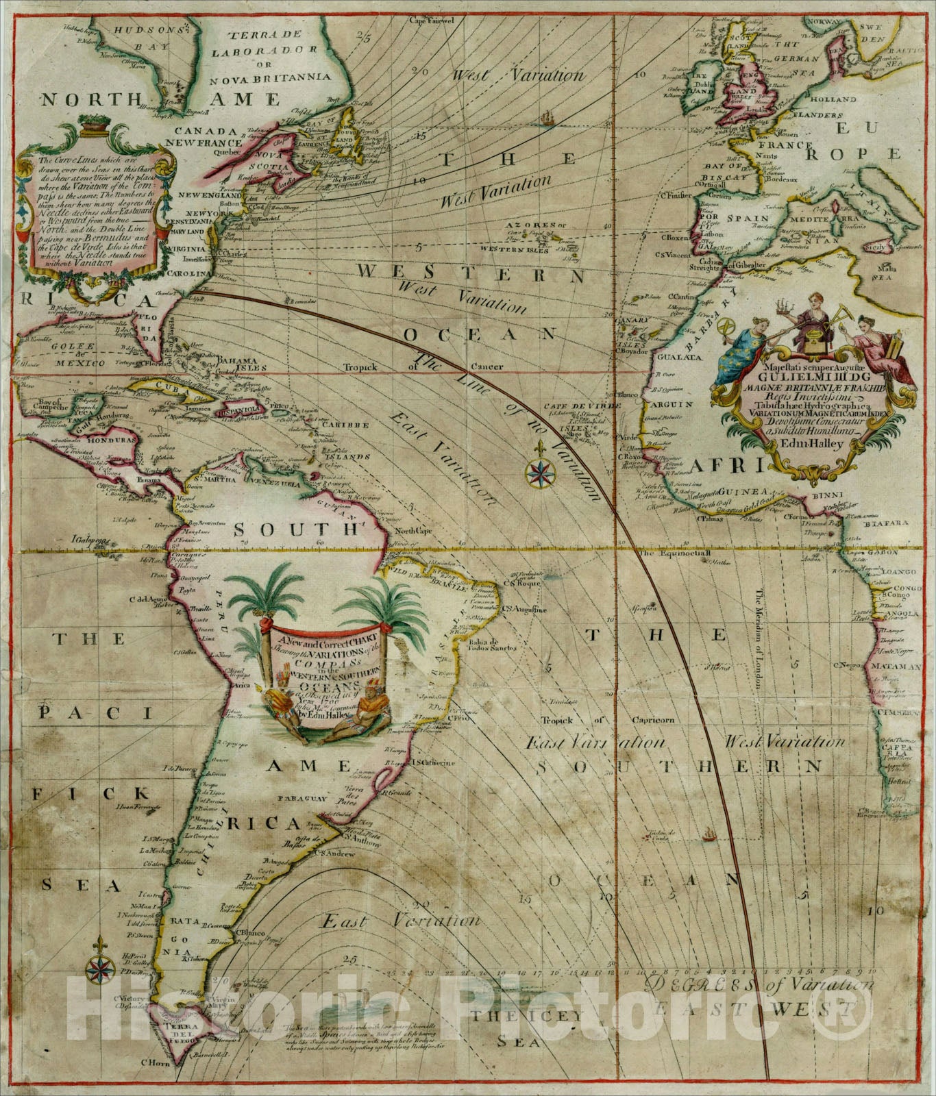 Historic Map : A New and Correct Chart Shewing the Variations of the Compass in the Western & Southern Oceans, 1702, , Vintage Wall Art