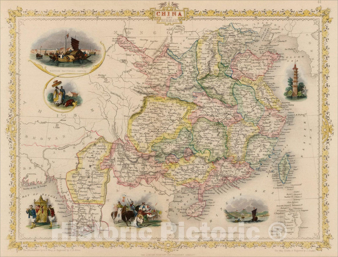 Historic Map : China and Birmah (Early naming and view of Hong Kong), 1851, John Tallis, Vintage Wall Art