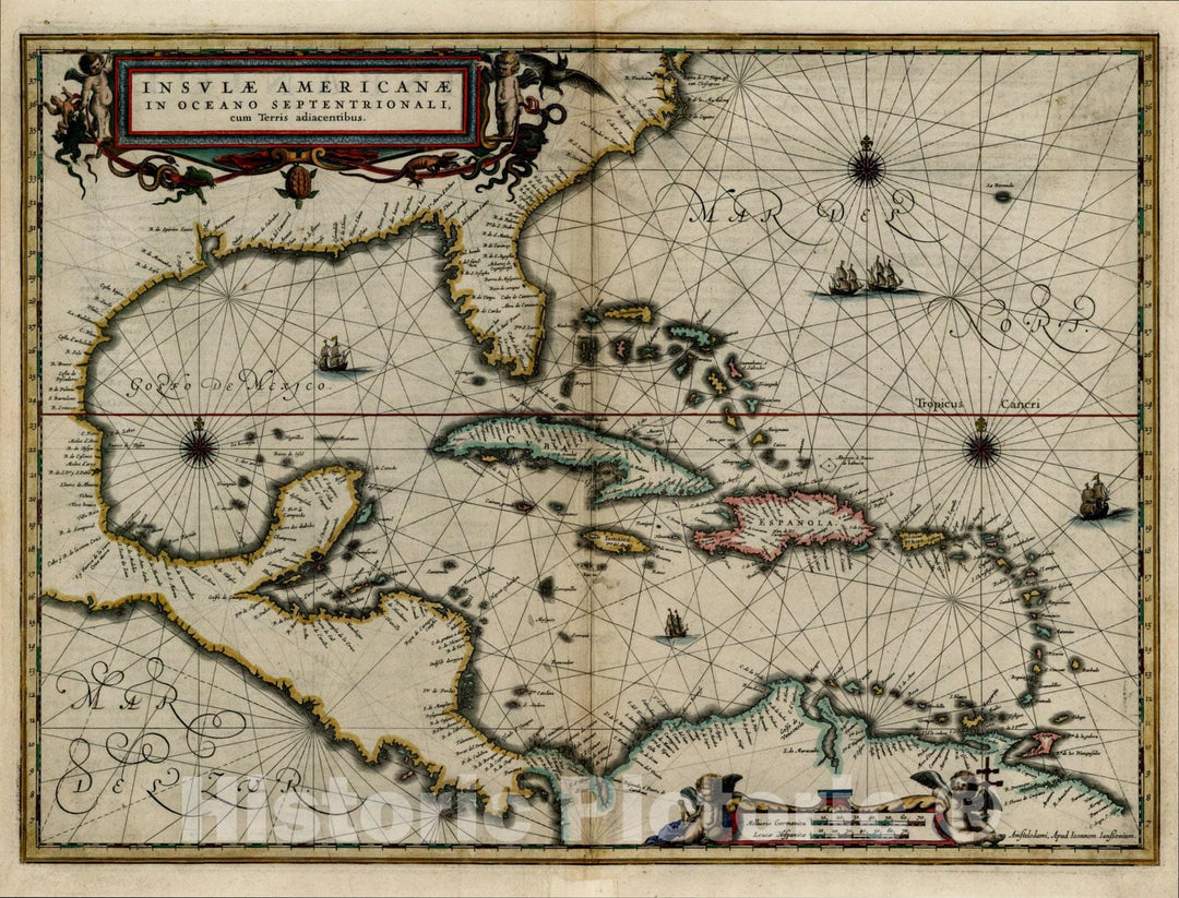 Historic Map : Insulae Americanae in Oceano Septentrionali cum Terris adiacentibus, c1635, Jan Jansson, Vintage Wall Art