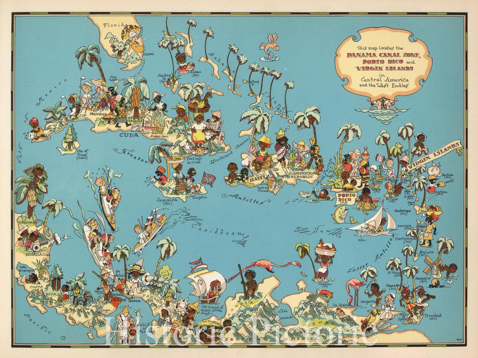 Historic Map : This map locates the Panama Canal Zone, Porto Rico and Virgin Islands in Central America and the West indies, 1935, Ruth Taylor White, Vintage Wall Art