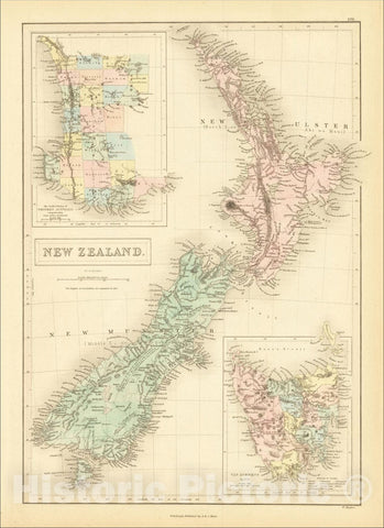 Historic Map : New Zealand [with insets of Van Diemen's Land and Western Australia], 1849, Adam & Charles Black, Vintage Wall Art