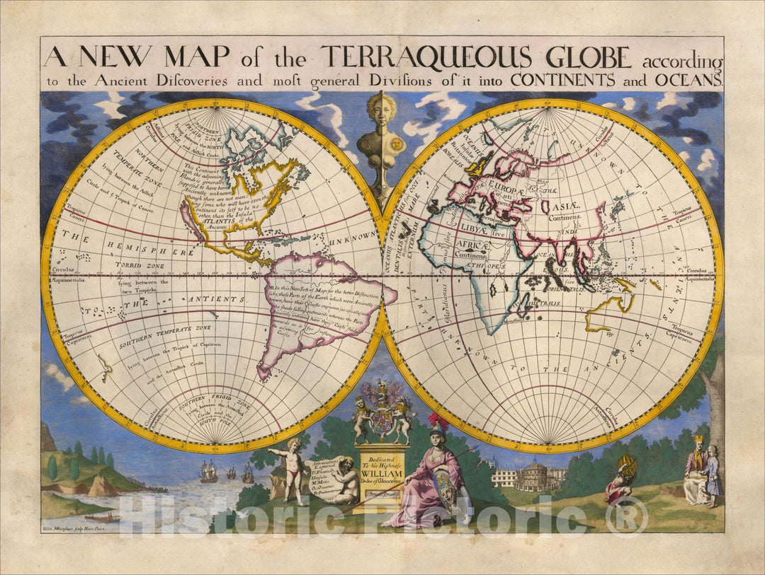 Historic Map : A New Map of the Terraqueous Globe according to the Ancient Discoveries and most general Divisions of it into Contienents and Oceans., c1700, Vintage Wall Art