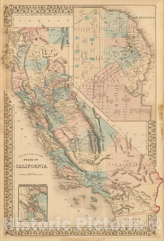 Historic Map : County Map of the State of California (with Large inset plan of San Francisco), 1881, Samuel Augustus Mitchell Jr., v2, Vintage Wall Art