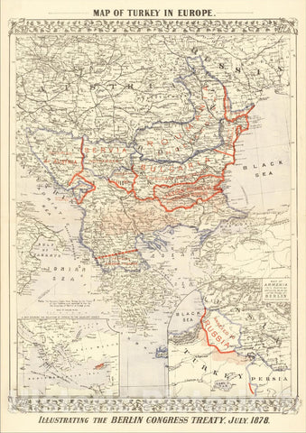Historic Map : Map of Turkey in Europe. Illustrating The Berlin Congress Treaty, July 1878 (with inset Map of Armenia), 1878, Samuel Augustus Mitchell Jr., v3, Vintage Wall Art