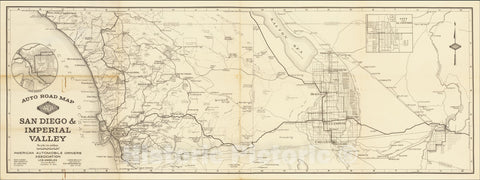 Historic Map : San Diego and Imperial Valley, c1925, American Automobile Owners Assocation, Vintage Wall Art