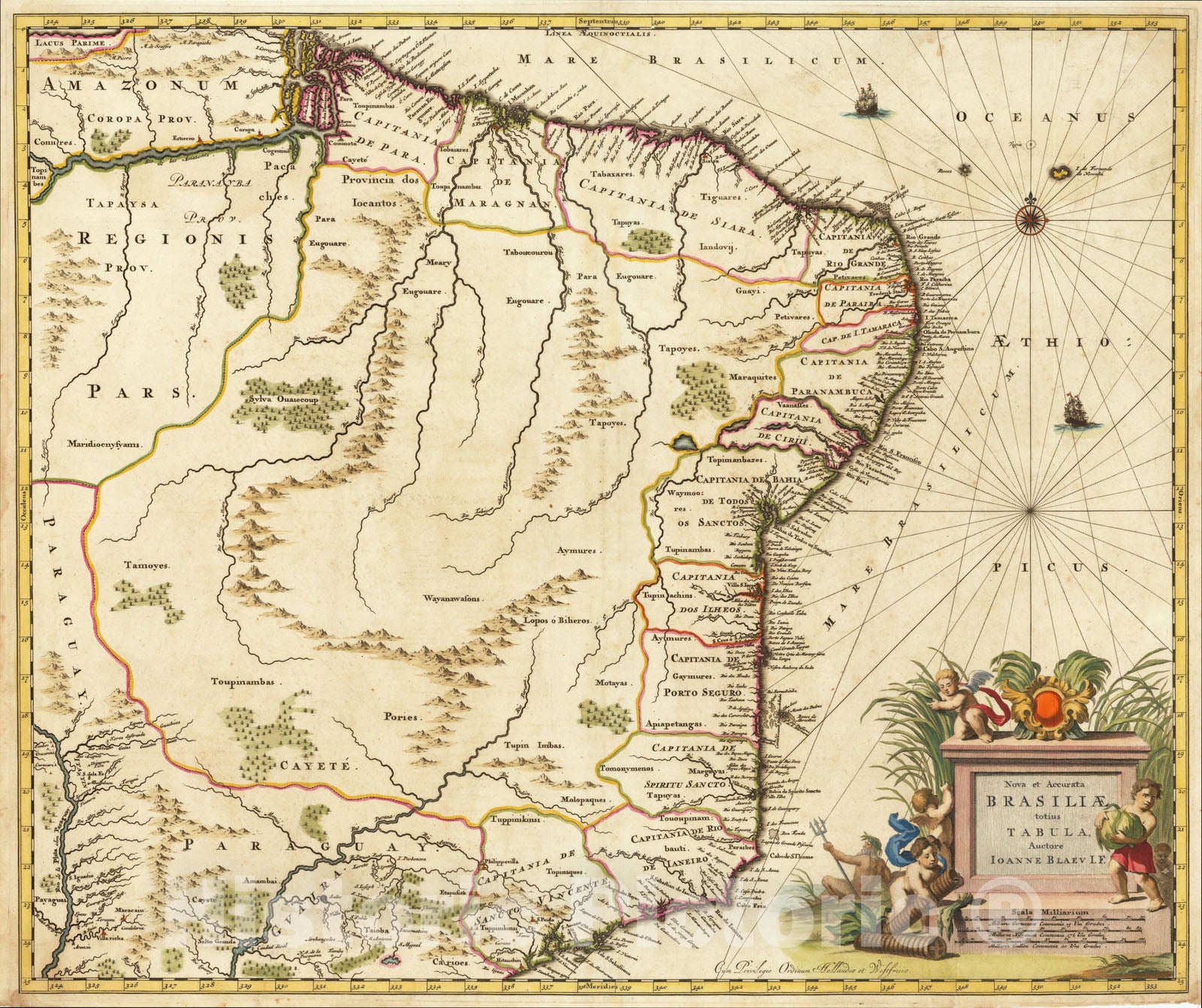 Historic Map : Nova et Accurata Brasiliae totius Tabula, Auctore Ioanne Blaeu I.F ., 1662, Willem Janszoon Blaeu, Vintage Wall Art