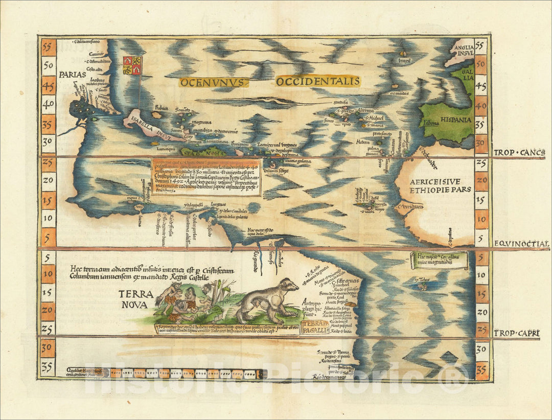 Historic Map : Oceani occidetalis Seu Terre Noue Tabula Christophorus Columbus natione Italus, patria Genuensis, 1525, Lorenz Fries, Vintage Wall Art