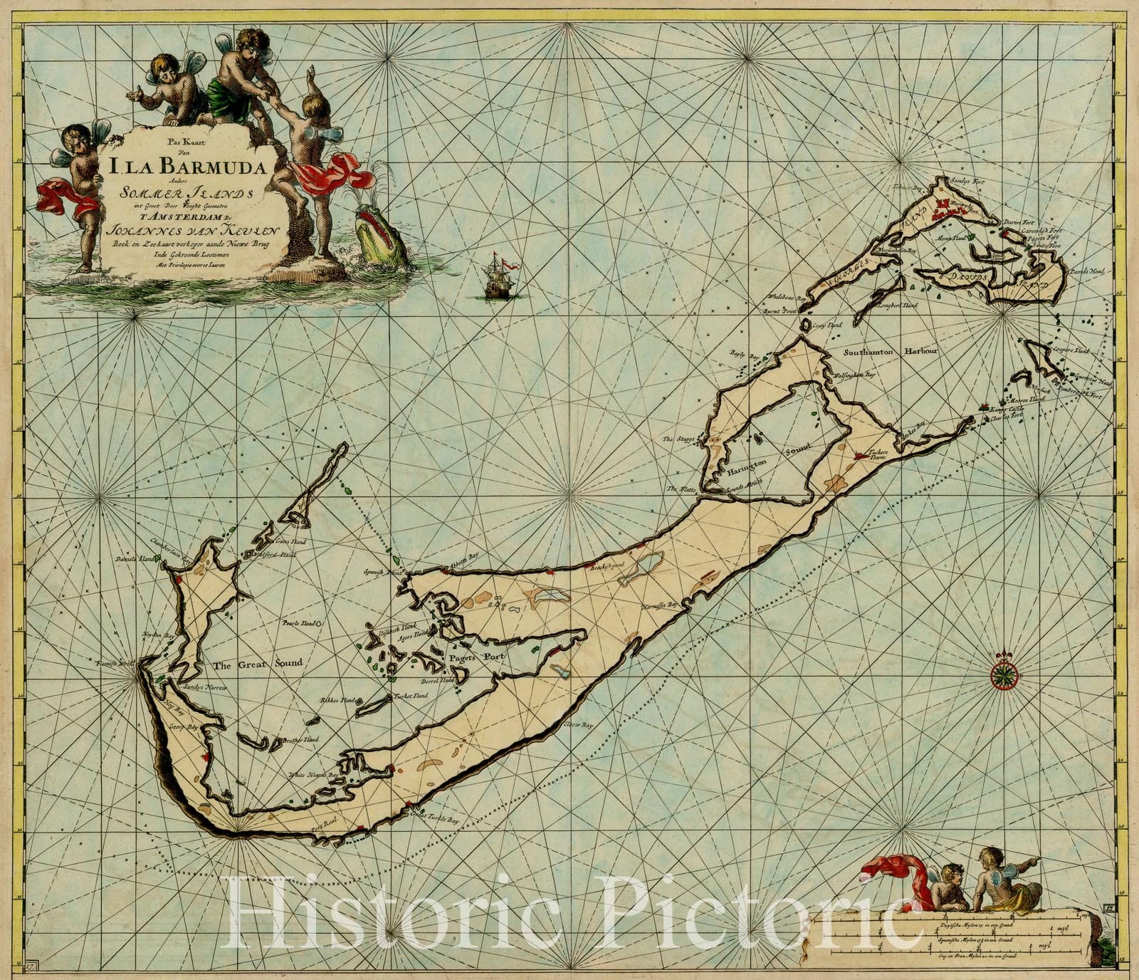 Historic Map : Pas Kaart van I. La Barmuda Anders Sommer Ilands int Groot door C.J. Vooght, 1682, Johannes Van Keulen, Vintage Wall Art