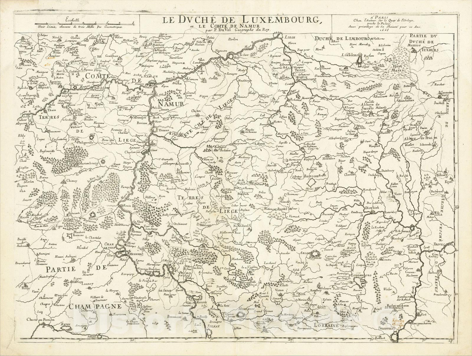 Historic Map : Le Duche de Luxembourg, et Le Comte de Namur, 1668, 1668, Pierre Du Val, Vintage Wall Art