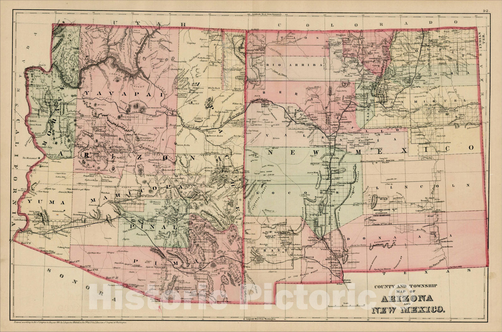 Historic Map : County and Township Map of Arizona and New Mexico, 1882, Samuel Augustus Mitchell Jr., Vintage Wall Art