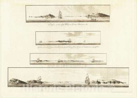 Historic Map : [Boston -- 4 Views From The Harbor], 1777, Joseph Frederick Wallet Des Barres, Vintage Wall Art