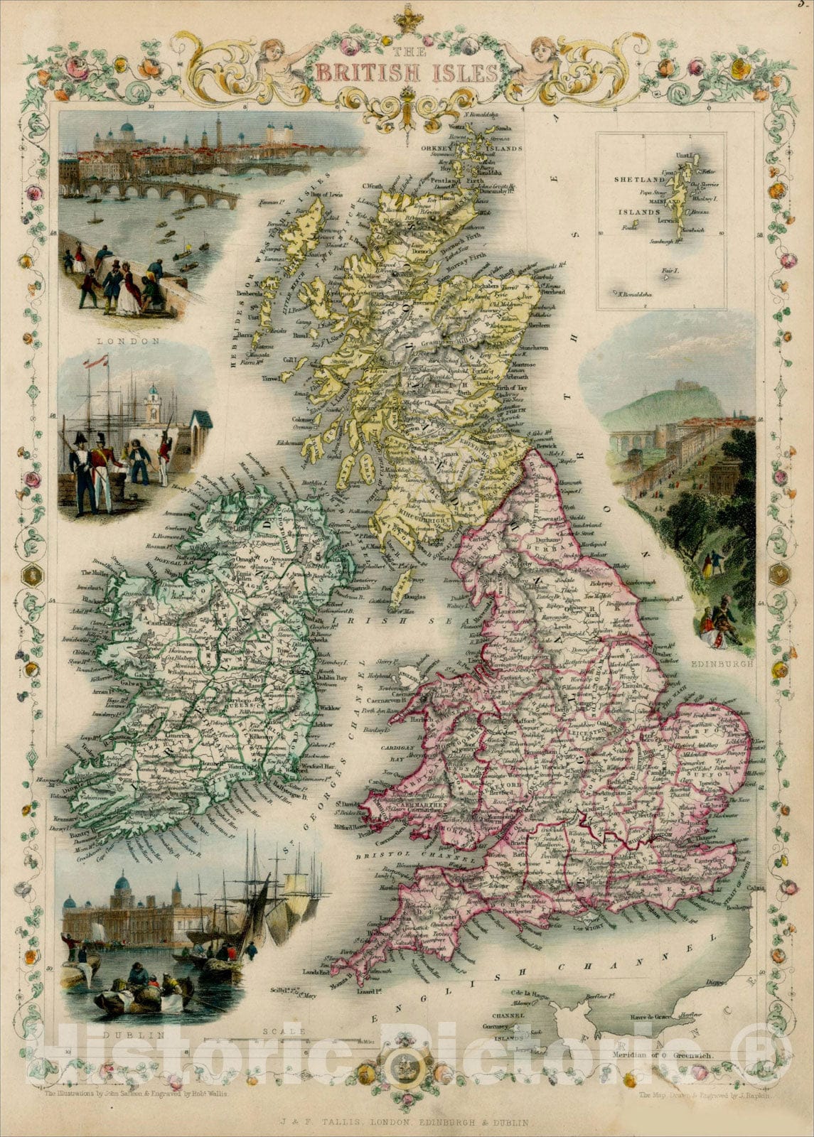 Historic Map : The British Isles, 1851, John Tallis, v1, Vintage Wall Art