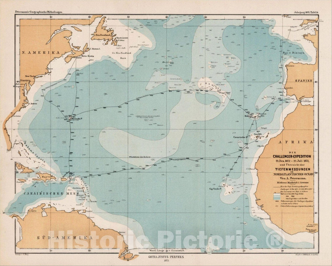 Historic Map : Die Challenger-Expedition 21 Dez. 1872 - 27 Juli 1873 unde Ubersicht der Tiefenmessungen Nordatlantischen Ocean, 1873, Augustus Herman Petermann, Vintage Wall Art