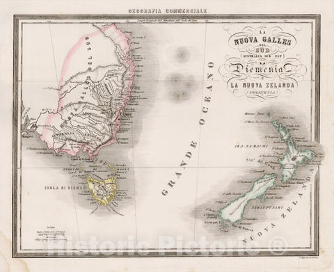 Historic Map : La Nuova Galles Del Sud (Australia Sud-Est La Diemenia E La Nuova Zelanda (Polinesia), c1850, Francesco Marmocchi, Vintage Wall Art