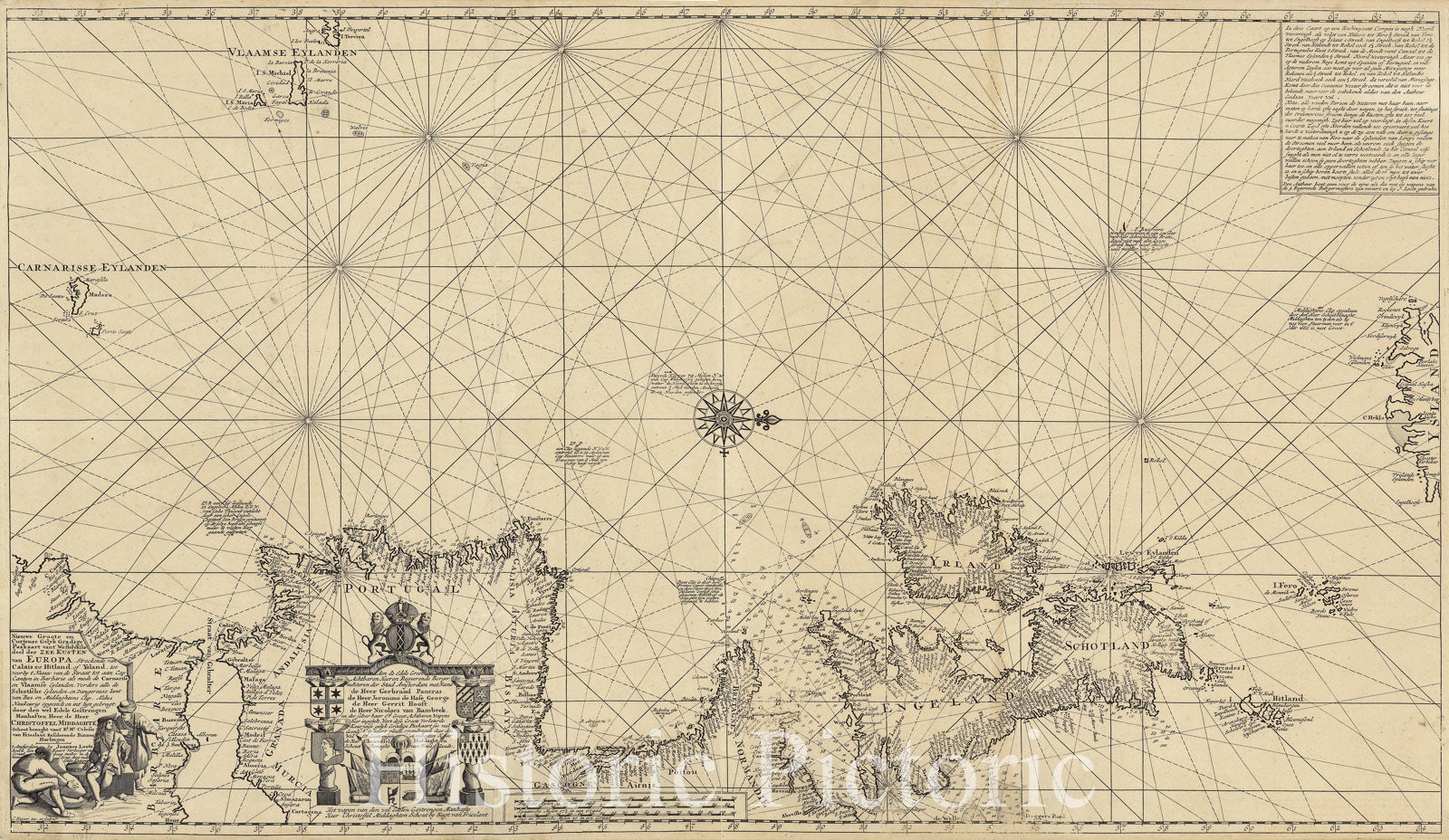 Historic Map : Nieuwe Groote en Curjeuse Gelyk Gradige Paskaart vant Westelykste deel der Zee Kusten van Europa, Streckende, c1700, Vintage Wall Art