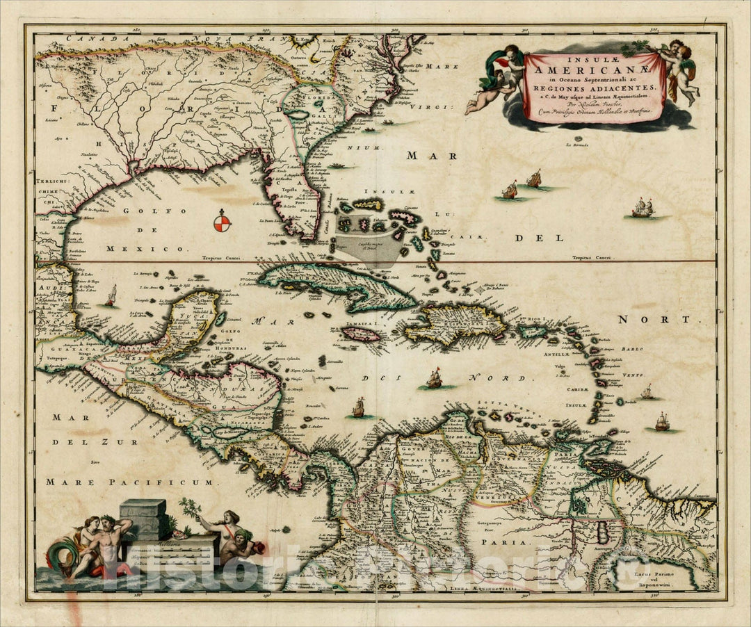 Historic Map : Insulae Americanae in Oceano Septentrionali ac Regiones Adiacentes, a C. de May usque ad Lineam Aequinoctialem , c1682, , Vintage Wall Art