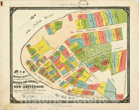 Historic Map : Village Lots from the Dutch West India Company to the Inhabitants of New-Amsterdam, Now New York City or Mahattan, 1897, , Vintage Wall Art
