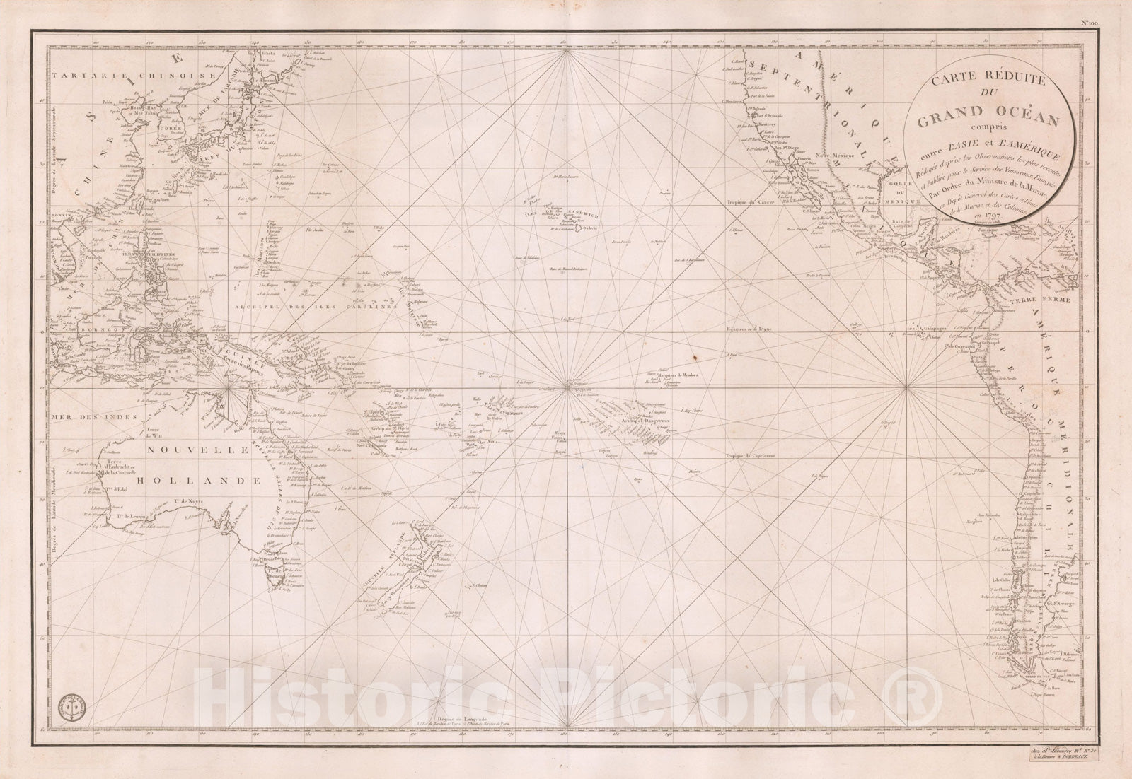 Historic Map : Carte Reduite du Grand Ocean compris entre L'Asie et L'Amerique, Redigee d'apres les Observations plus recentes, 1797 Corrigee en 1818., 1818, , Vintage Wall Art