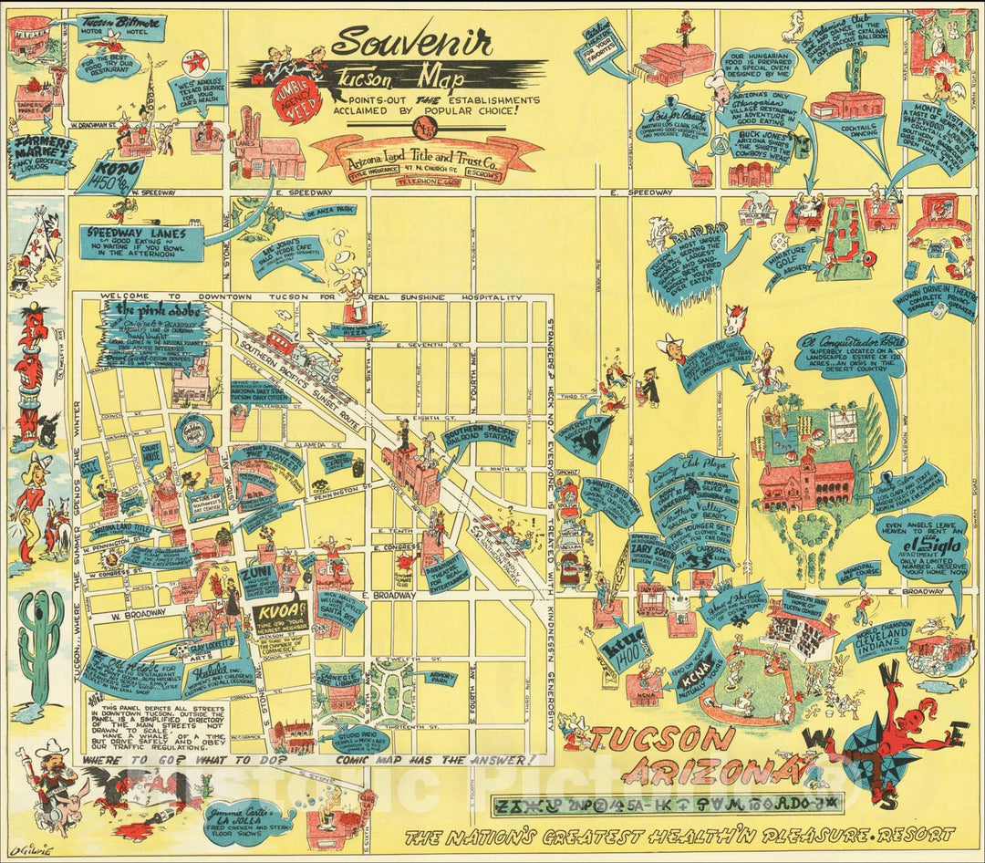 Historic Map : Souvenir Map of Tucson Arizona, 1949, Ogilvie, Vintage Wall Art