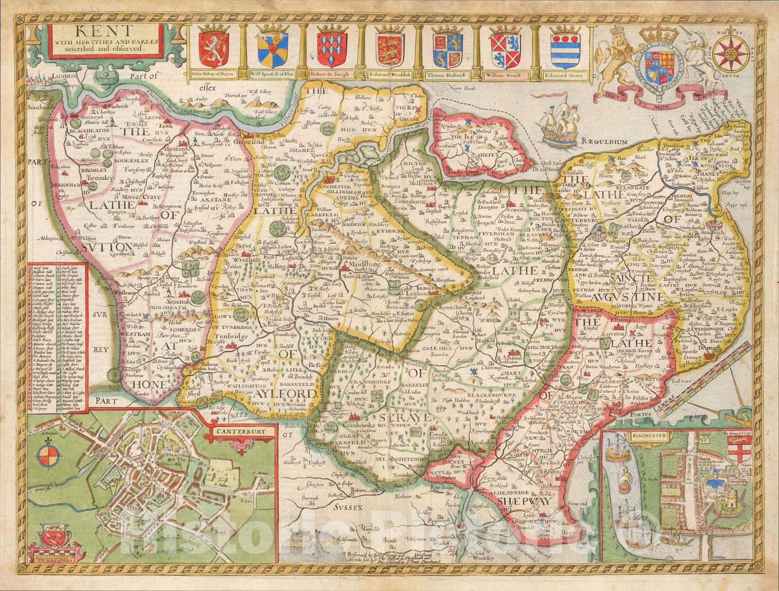 Historic Map : Kent with her Cities and Earles Described and observed, c1676, , Vintage Wall Art