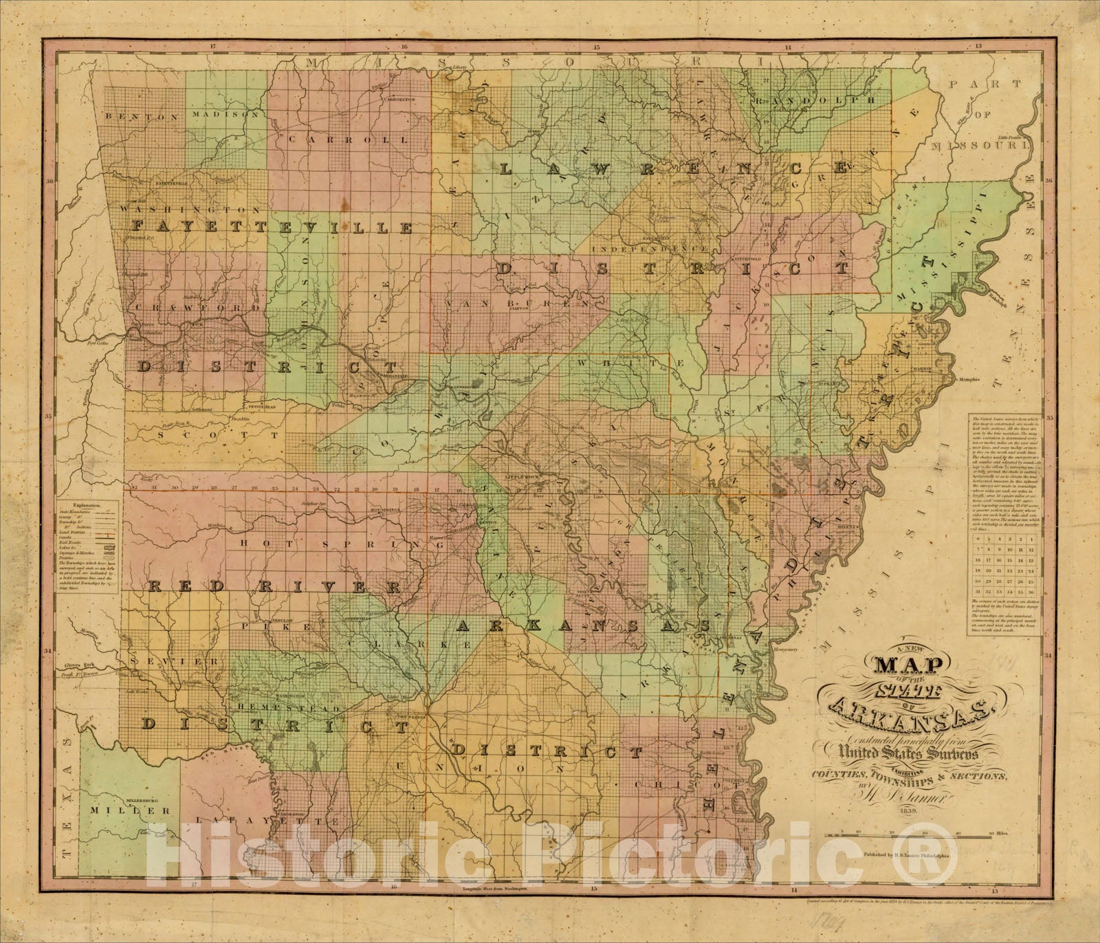 Historic Map : A New Map of the State of Arkansas, 1839, Henry Schenk Tanner, Vintage Wall Art