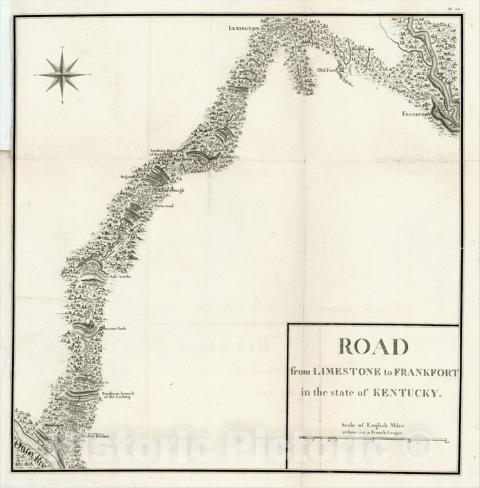 Historic Map : Road from Limestone to Frankfort in the state of Kentucky, 1826, Victor George Henri Collot, Vintage Wall Art