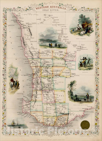 Historic Map : Western Australia, Swan River, 1851, John Tallis, v3, Vintage Wall Art