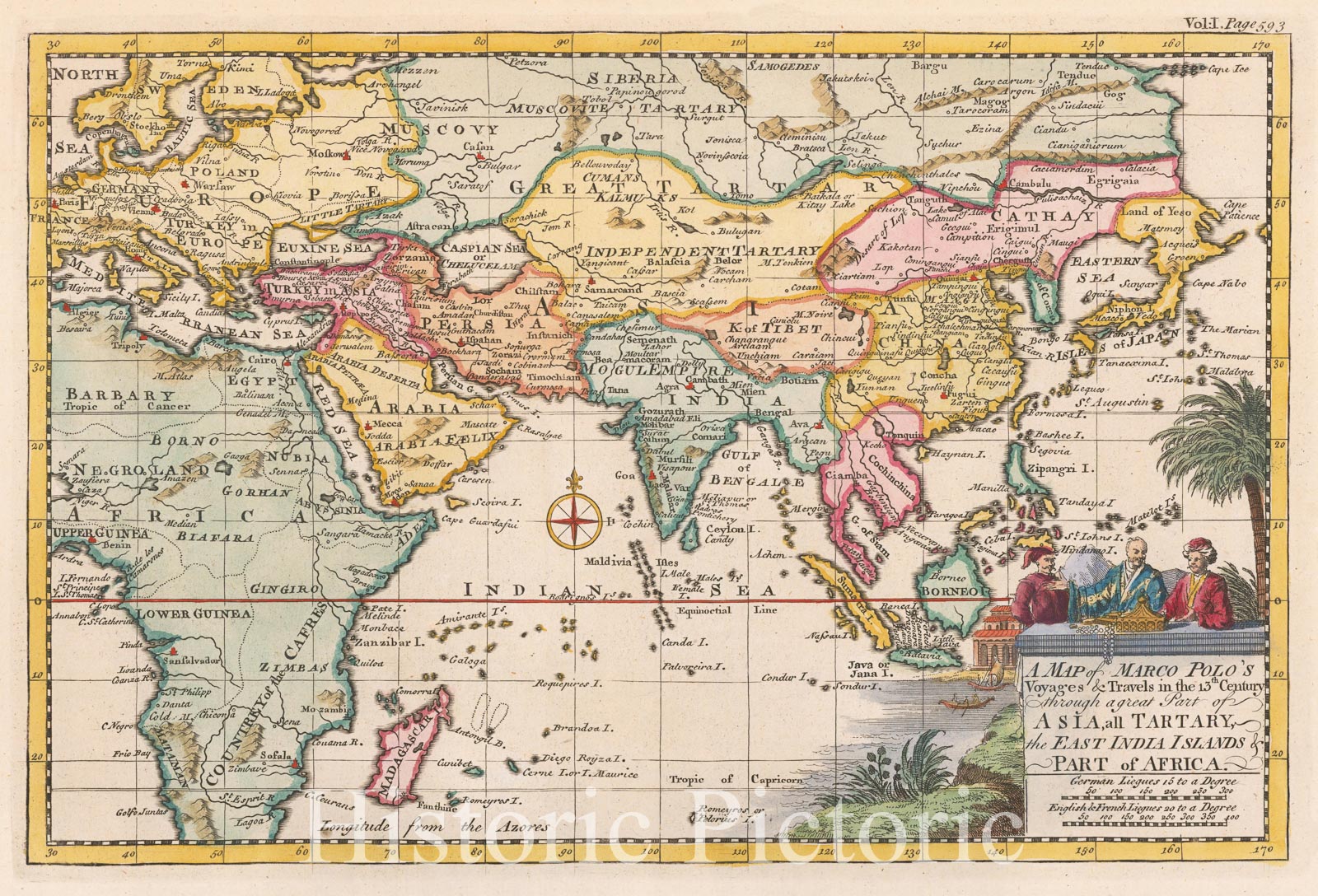 Historic Map : A Map of Marco Polo's Voyages & Travels in the 13th Century through a great Part of Asia, 1744, Emanuel Bowen, Vintage Wall Art