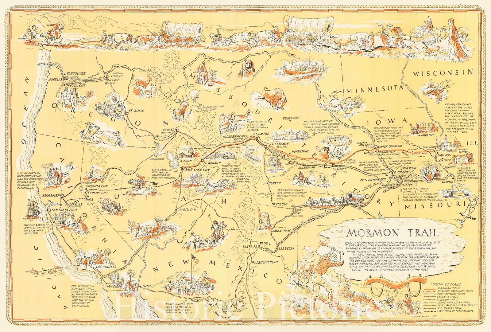 Historic Map : Mormon Trail Opened and Charted AS A Wagon Road In 1846-47, From Nauvoo, Illinois to Salt Lake City, Utah, 1947, J. Rulon Hales, Vintage Wall Art