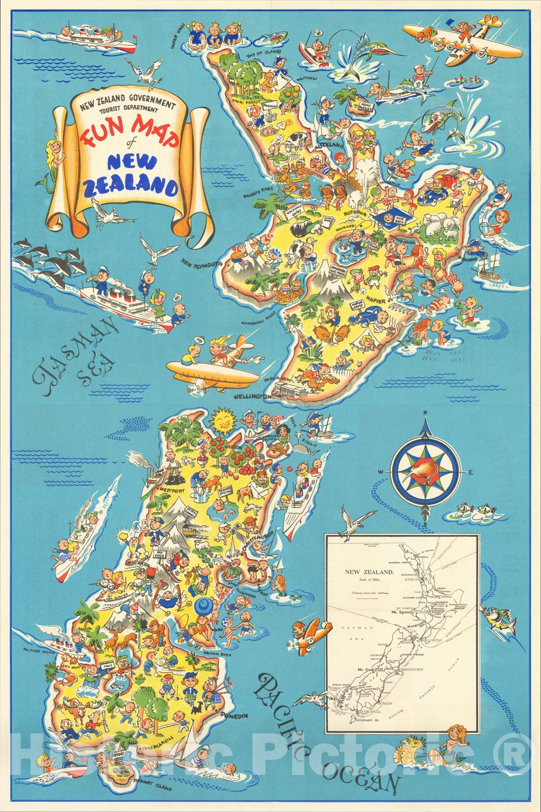 Historic Map : Fun Map of New Zealand, c1940, New Zealand Government Tourist and Publicity Dept, Vintage Wall Art