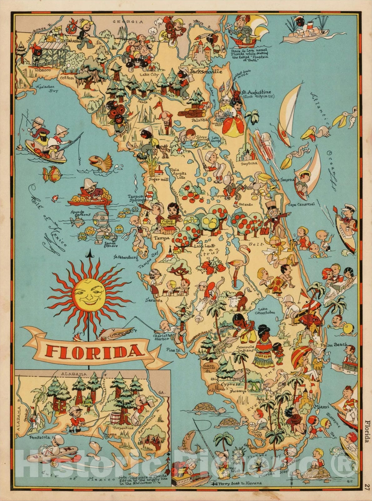 Historic Map : Florida, c1935, Ruth Taylor White, v2, Vintage Wall Art