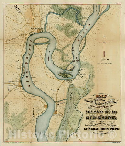 Historic Map : Map Showing the System of Rebel Fortifications on the Mississippi River at Island No, 1866, United States War Dept., Vintage Wall Art