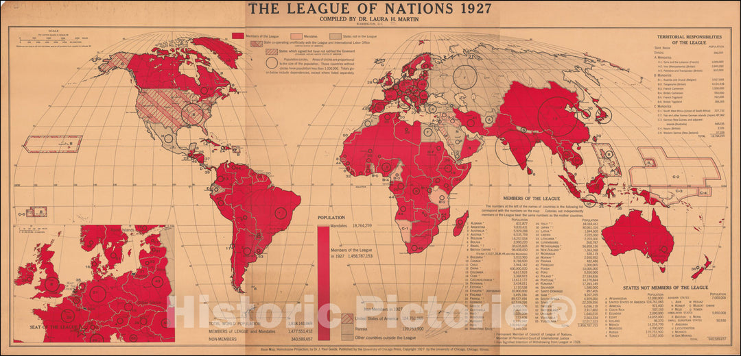Historic Map : The League of Nations 1927. Compiled By Dr. Laura H. Martin, 1927, University of Chicago Press, Vintage Wall Art