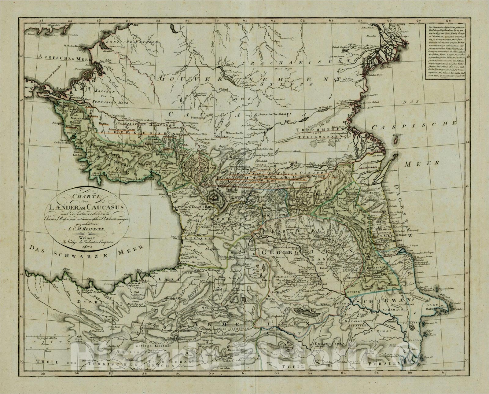 Historic Map : Charte der Laender am Caucasus nach den besten vorhandenen Charten, Reisen, 1802, Iohann Matthias Christoph Reinecke, Vintage Wall Art