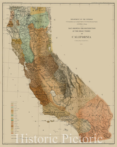 Historic Map : Map Showing The Distribution of the Indian Tribes of California, 1877, 1877, United States Department of the Interior, Vintage Wall Art