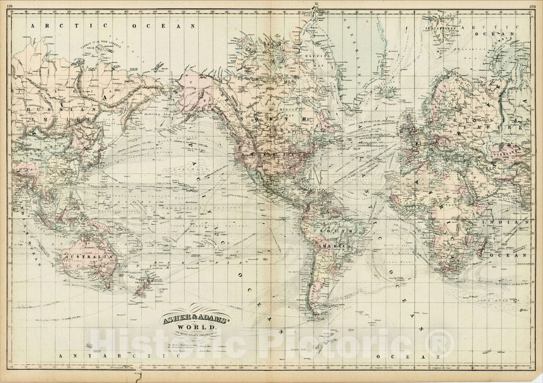 Adams World Map Historic Map : Asher & Adams' World on Mercator's Projection, 1875, As ...