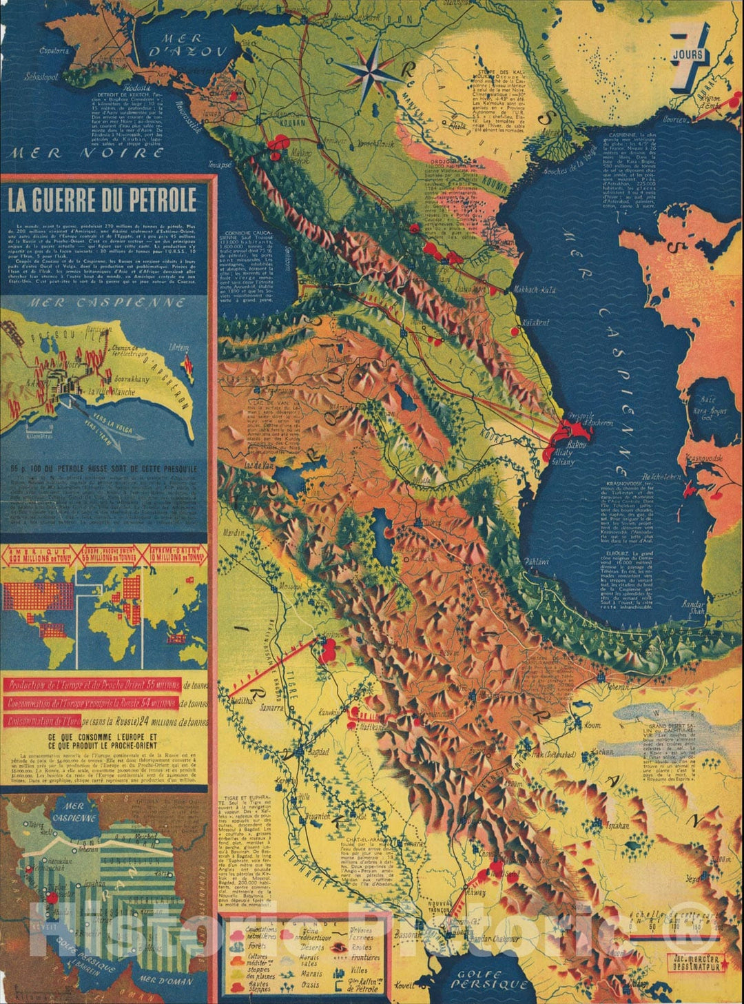Historic Map : Le Guerre du Petrole [Caspian Sea and Northern Iran], c1941, Jacques Mercier, Vintage Wall Art
