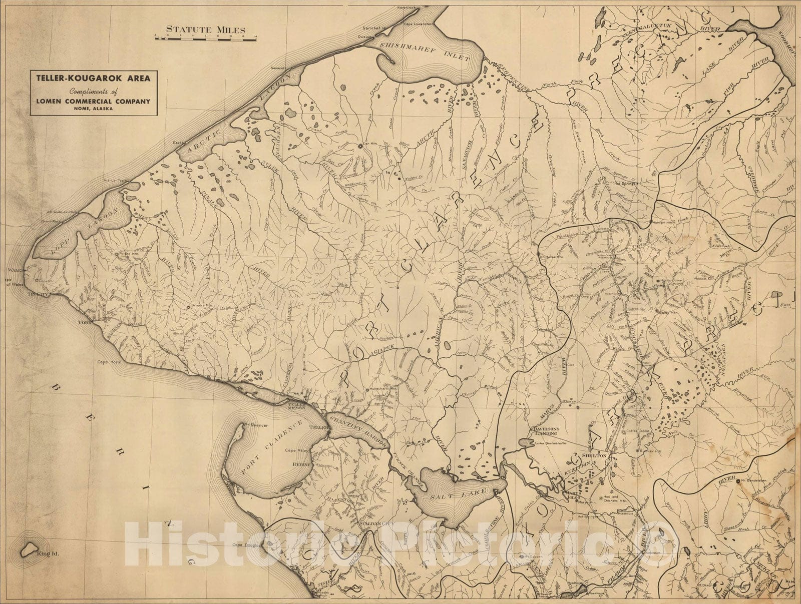 Historic Map : [Bering Land Bridge, Alaska] Teller-Kougarok Area Compliments of Lomen Commercial Company Nome, Alaska, c1915, Lomen Commercial Company, Vintage Wall Art