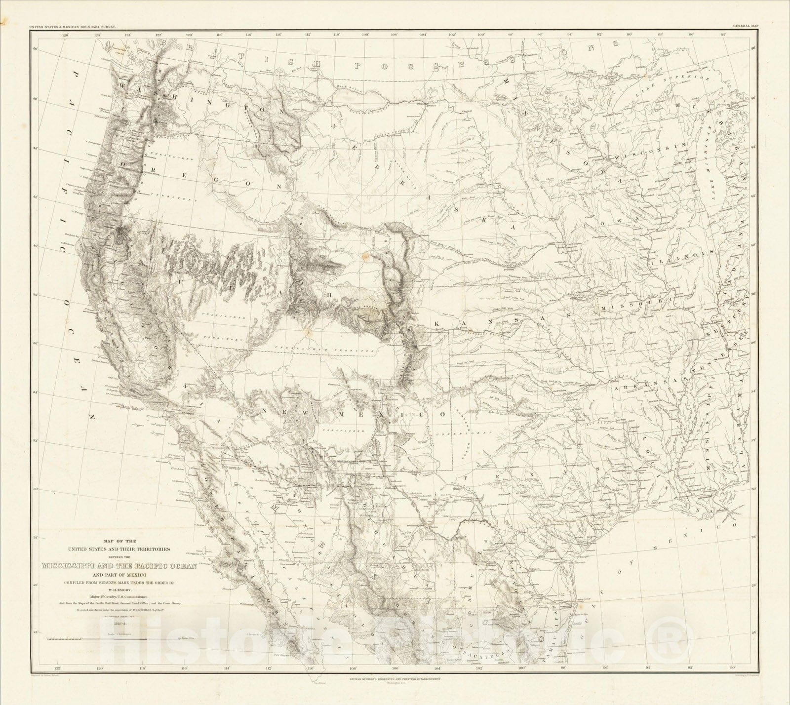 Historic Map : Map of the United States and Their Territories Between the Mississippi and the Pacific Ocean and Part of Mexico, W.H. Emory, 1857-8., 1858, v3, Vintage Wall Art