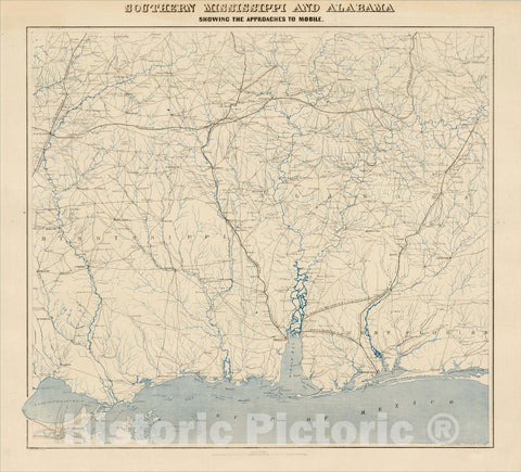 Historic Map : Southern Mississippi and Alabama Showing The Approaches To Mobile., 1863, United States Coast Survey, Vintage Wall Art