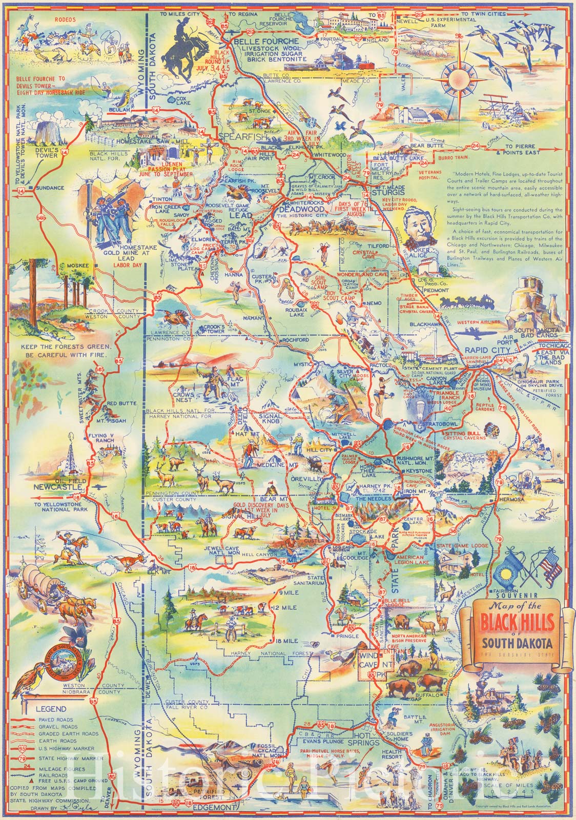 Historic Map : Map of the Black Hills of South Dakota The Sunshine State, c1940, K. Pyle, Vintage Wall Art